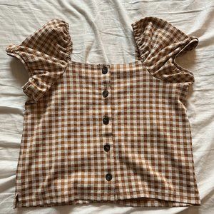 Gingham Jacquard Square-Neck Puff-Sleeve Top